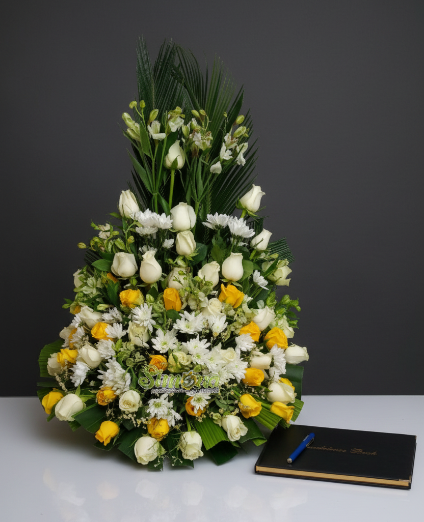 Floral arrangement in the shape of a pyramid with white, yellow, and green flowers on a dark background. bys Simona Flowers.