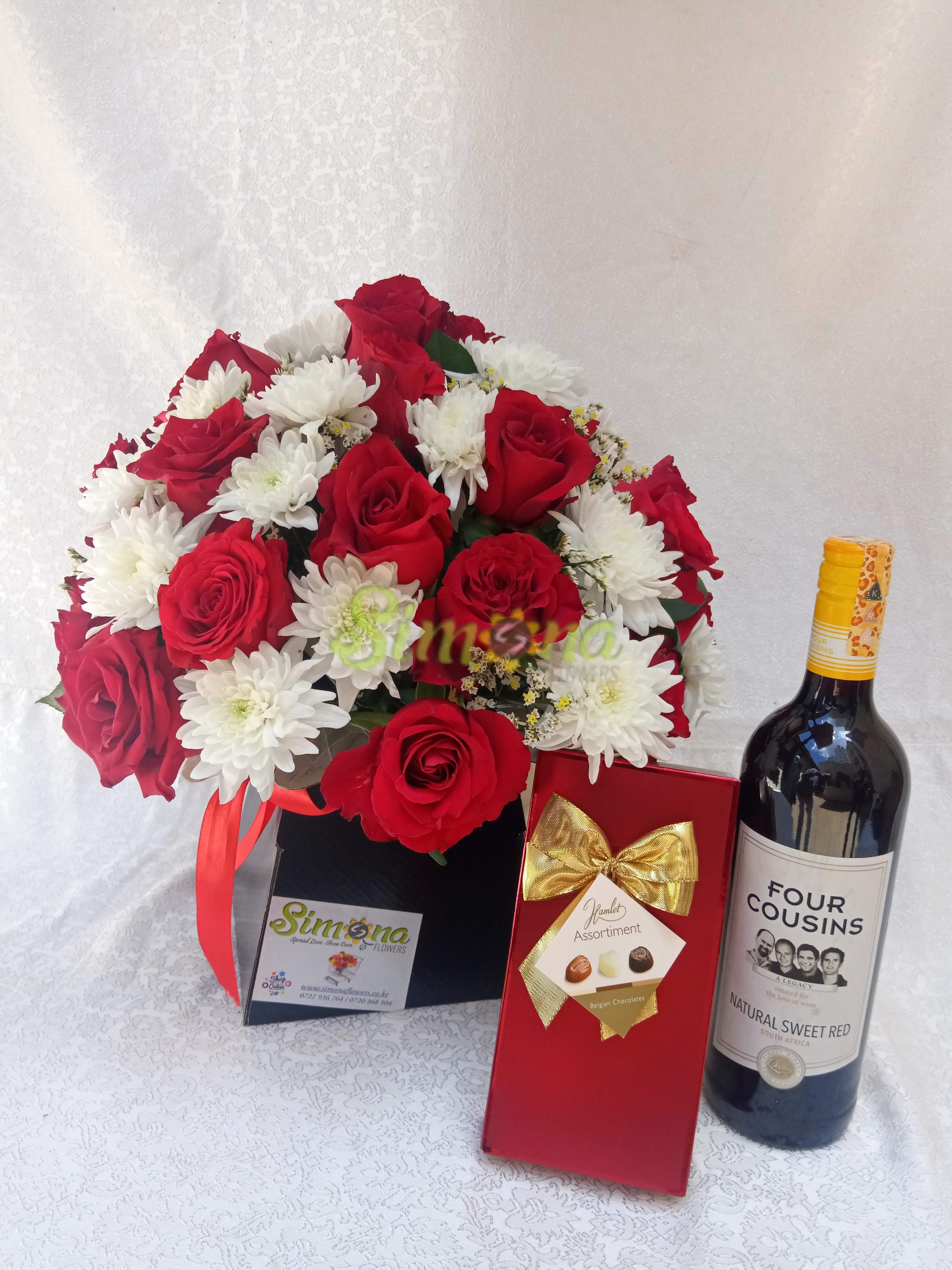 Adorable bouquet with red wine and Guylian chocolate