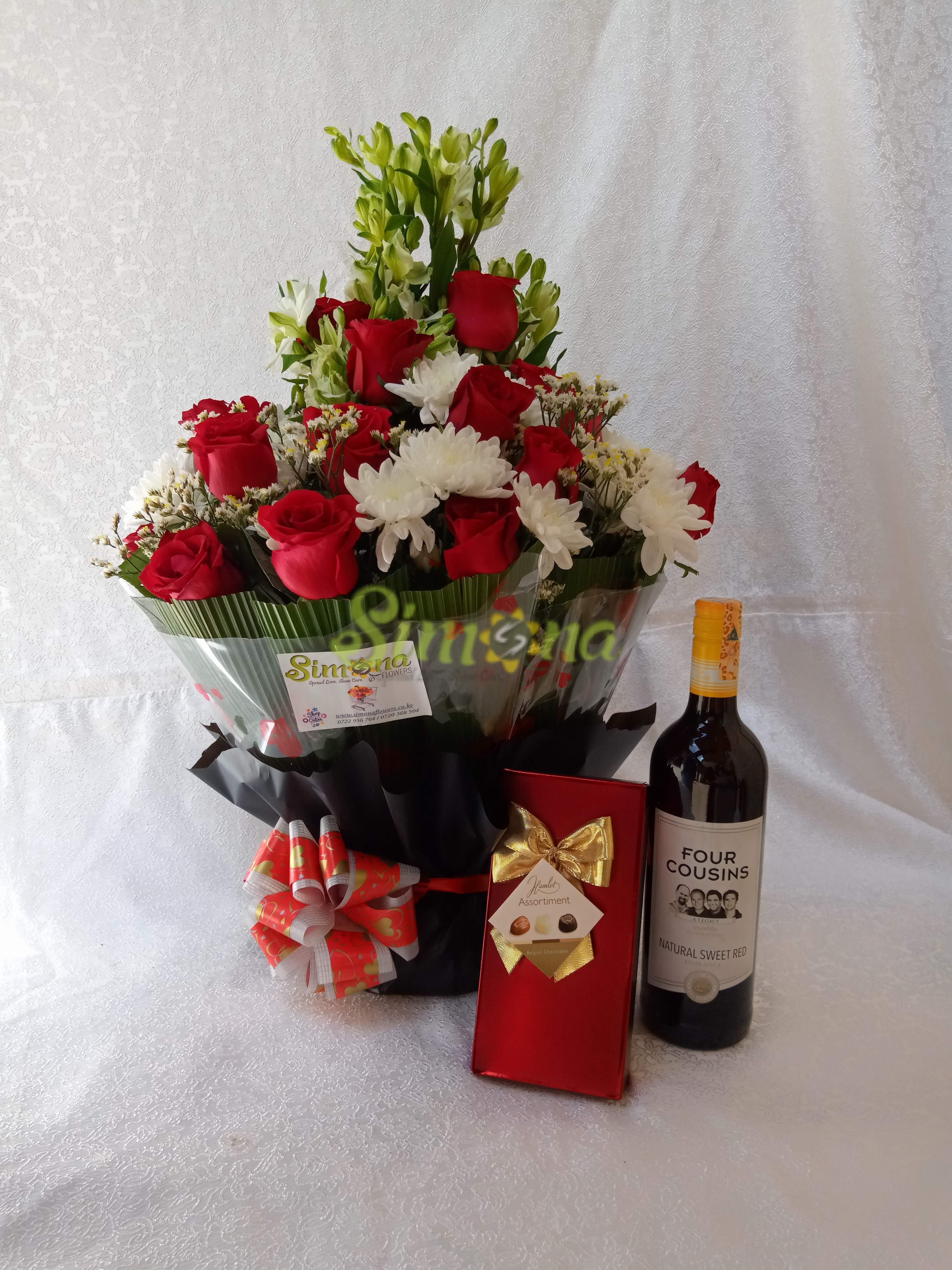 Diamond bouquet with red wine and guylian chocolate