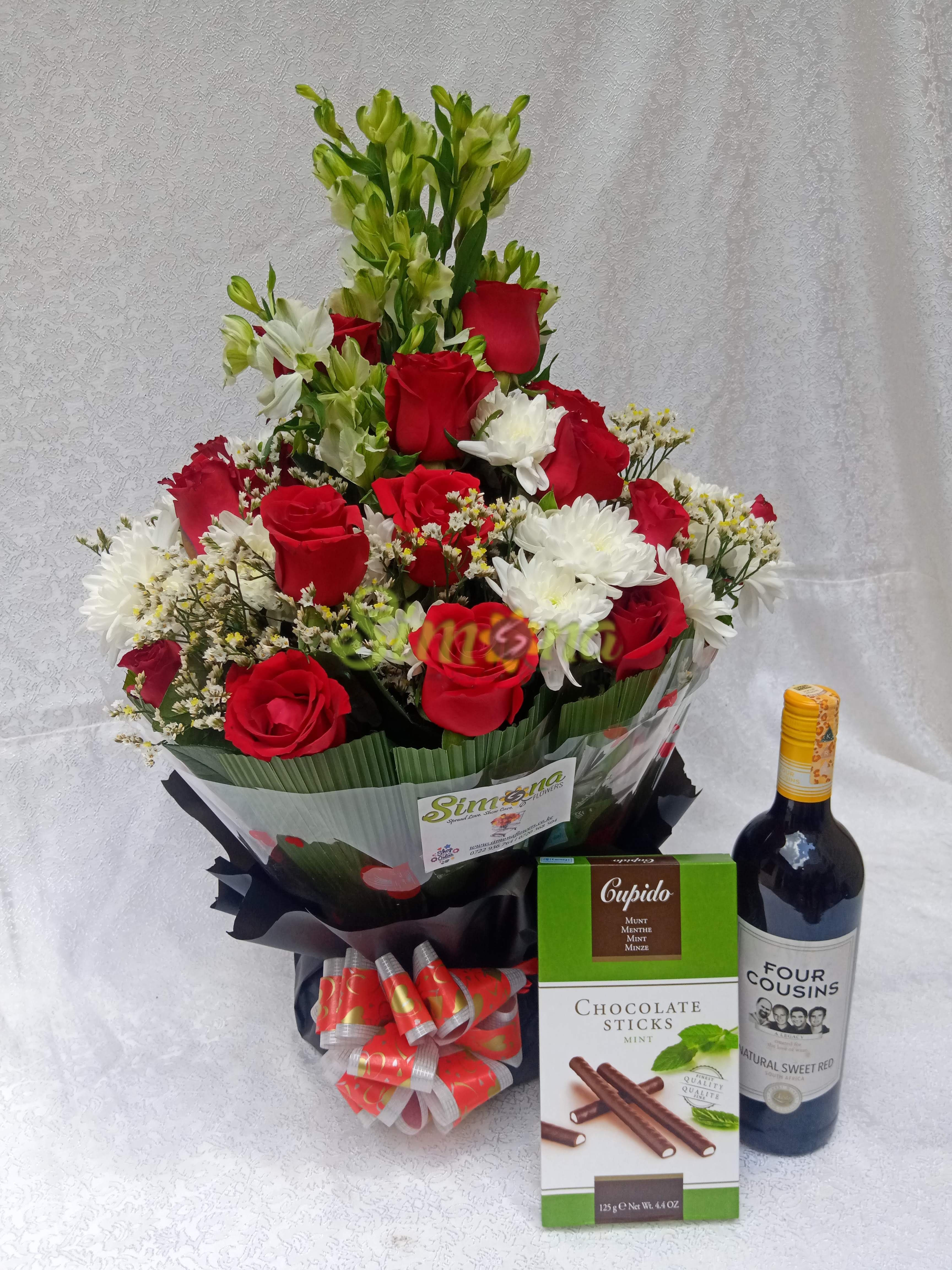 Diamond bouquet with red wine and hamlet chocolate