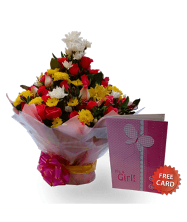 Water bouquet flower arrangement of chrysanthemums, a touch of roses and flower fillers