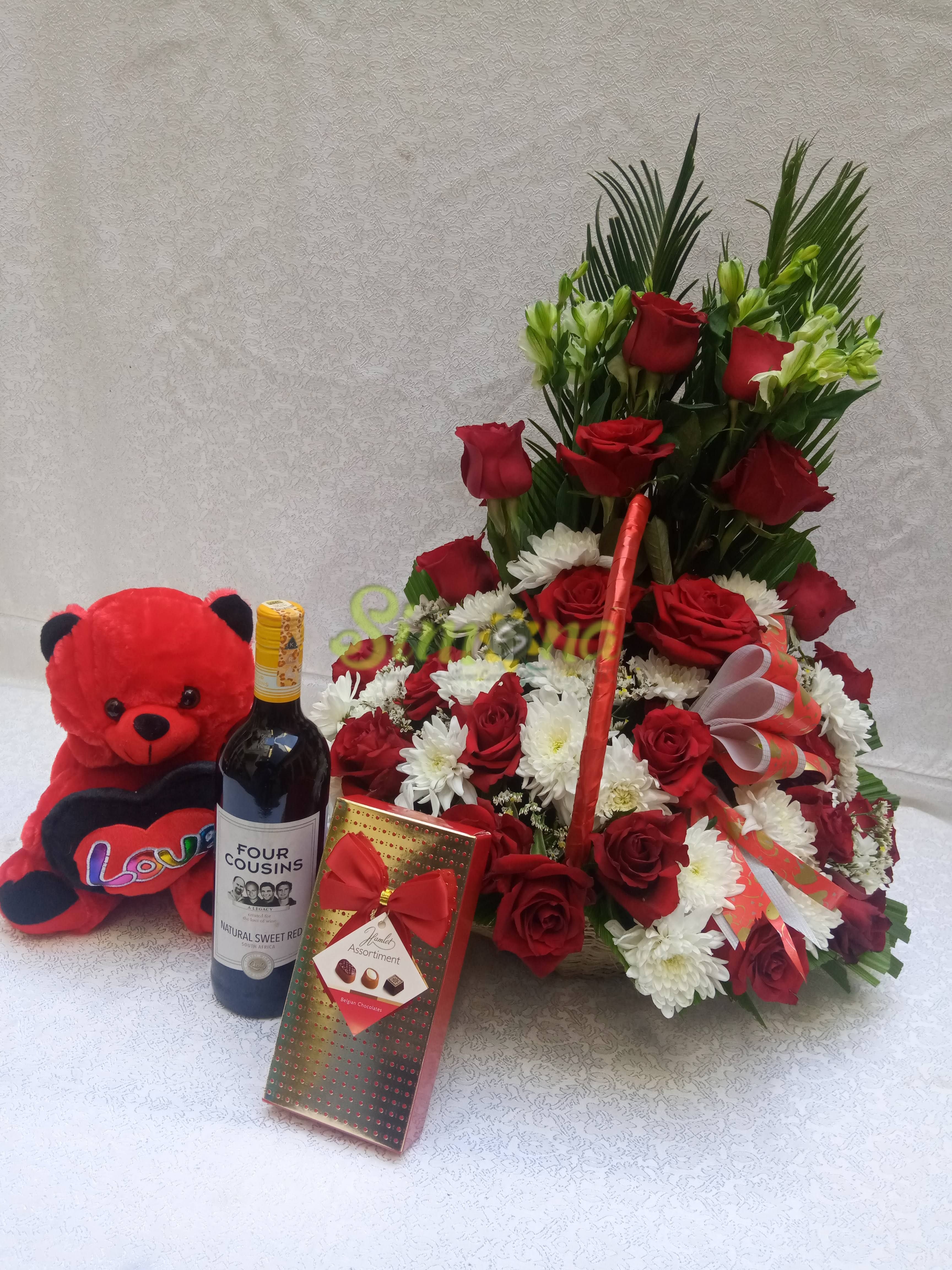 Luxury basket with dotted box hamlet chocolate, teddy bear and red wine