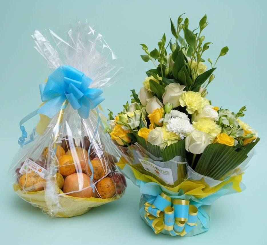 A package of an assorted fruit basket and flower arrangement