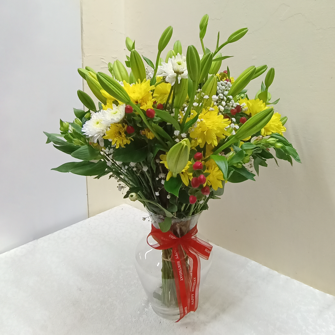 .yellow chrysanthemums to signify joy . white chrysanthemums to show loyalty