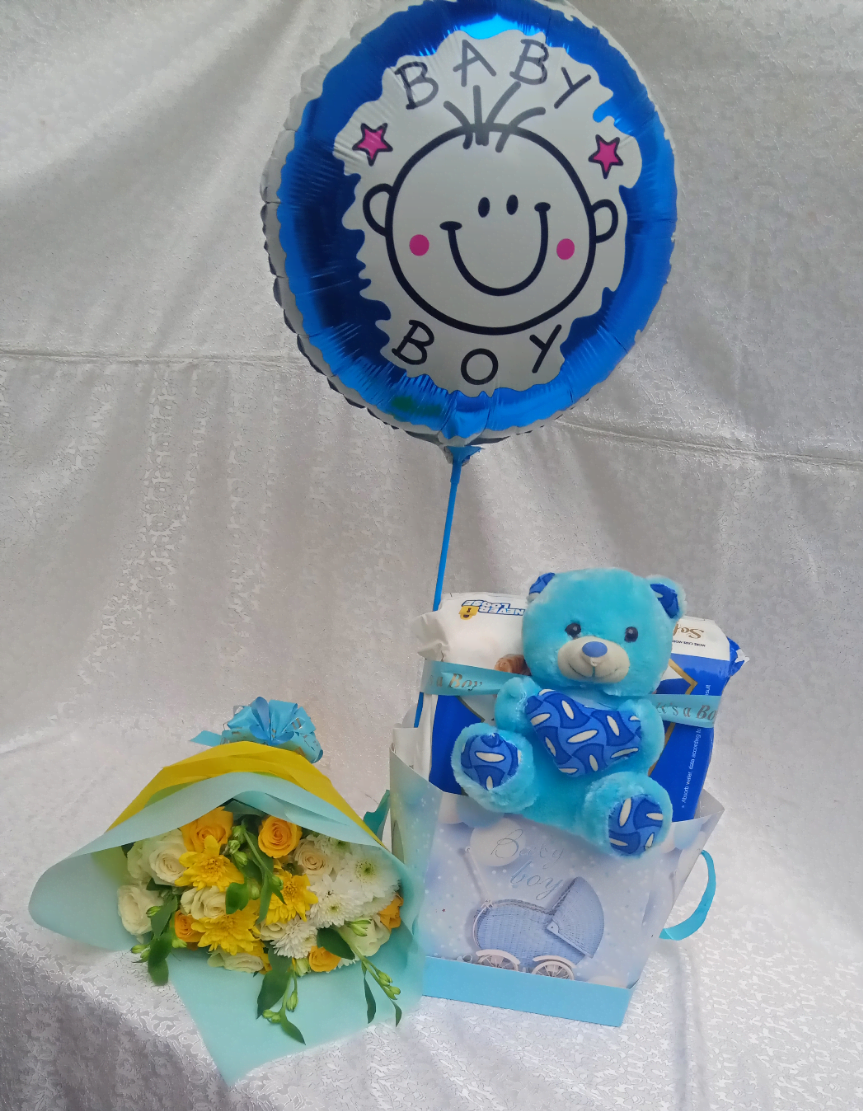 Handsome kiddo new born package of diapers, teddy, balloon and flowers by Simona Flowers