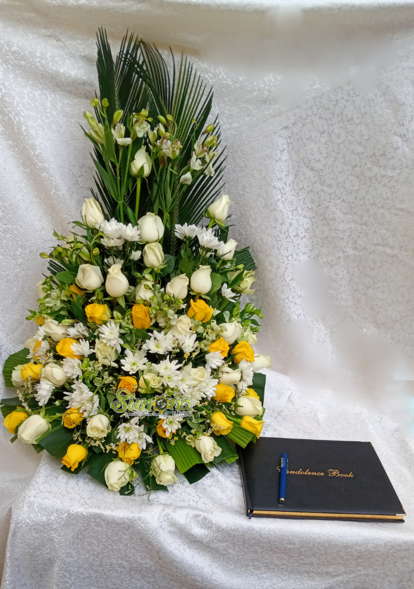 Standing yellow and white triangle funeral condolence / sympathy flower by Simona Flowers