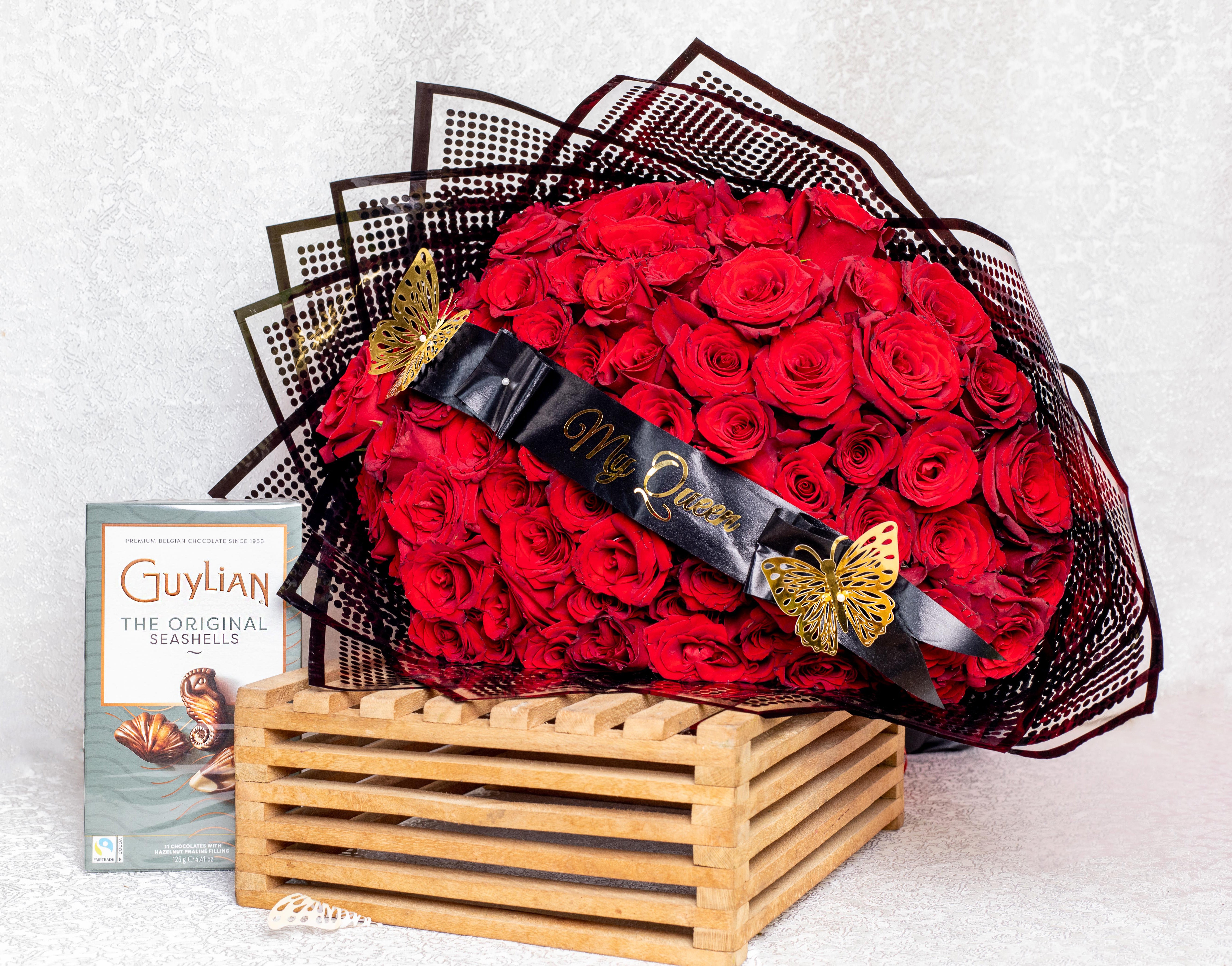 100 Red Roses Bouquet with chocolate