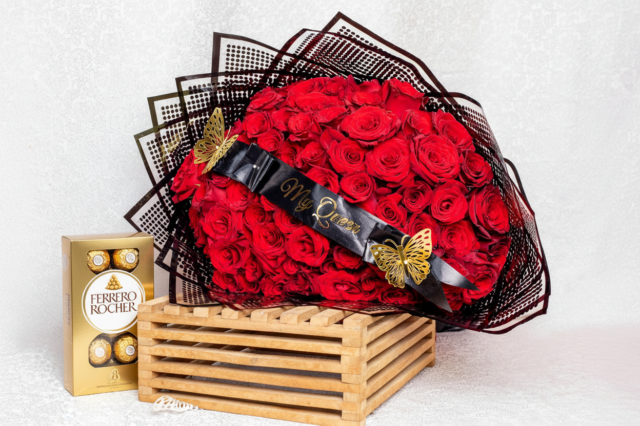 100 Red Roses Bouquet with chocolate