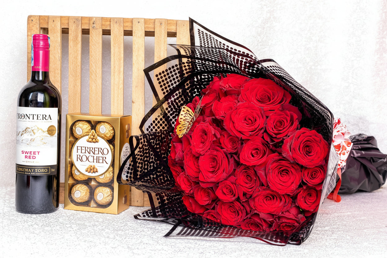 A gift set including a bouquet of red roses arranged in a black vase, accompanied by a box of chocolates and a bottle of wine.
