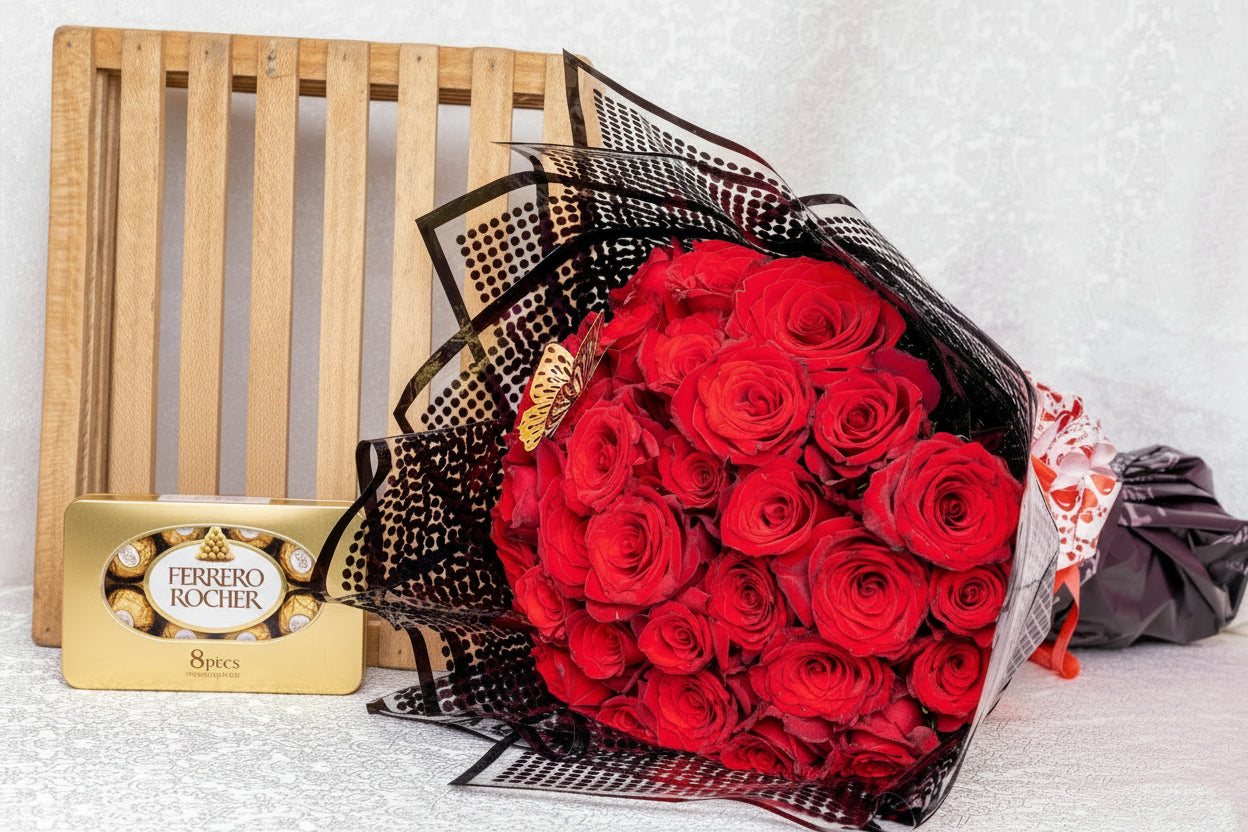 30 Red Roses Bouquet with Chocolates