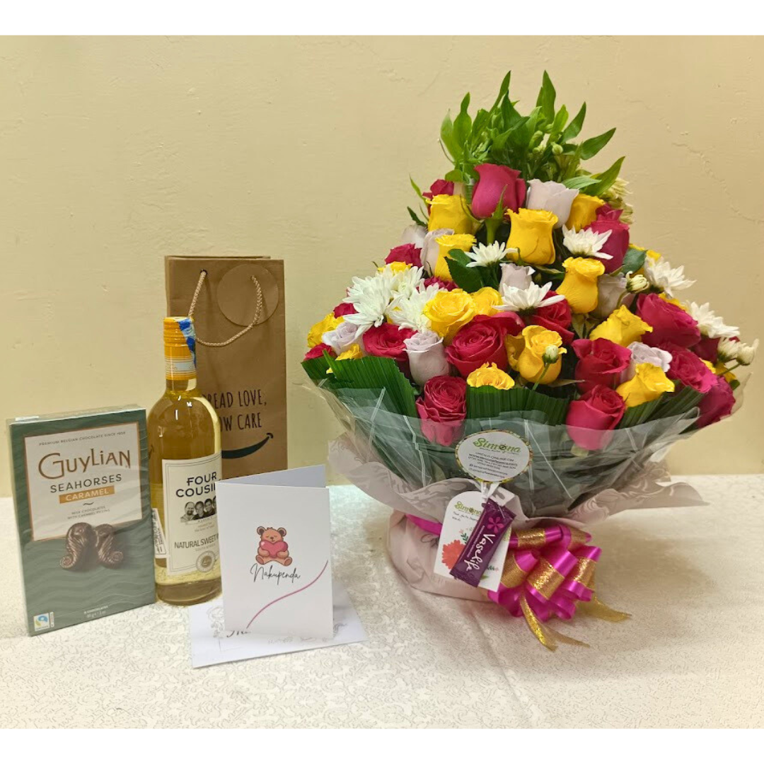 Trendy water bouquet with wine and chocolate