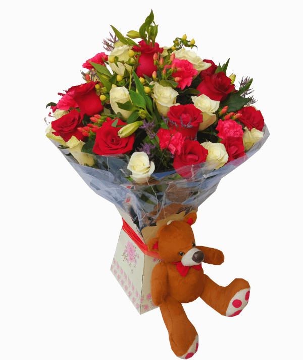 Amor royal bouquet and teddy bear.