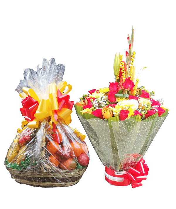 Sweet moments fruit basket and water bouquet.