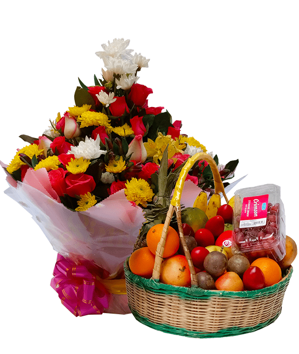 Fragrant sweet water bouquet and fruit basket.