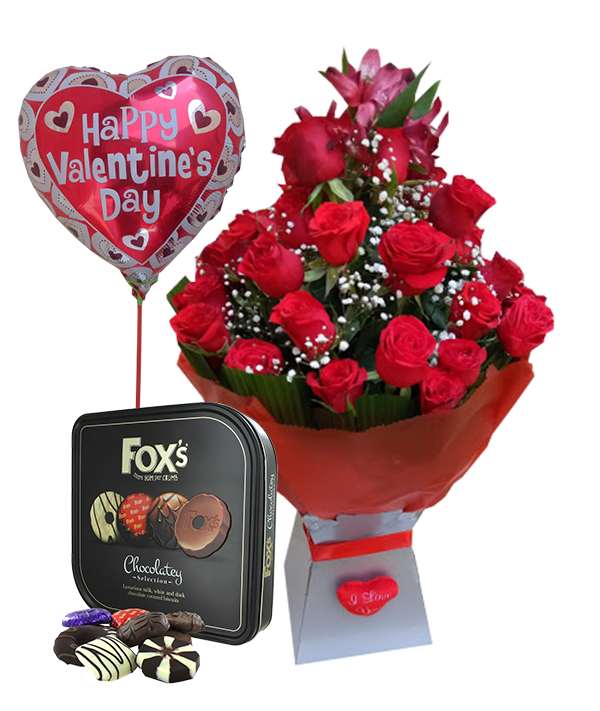 simona valentines red bouquet and chocolates