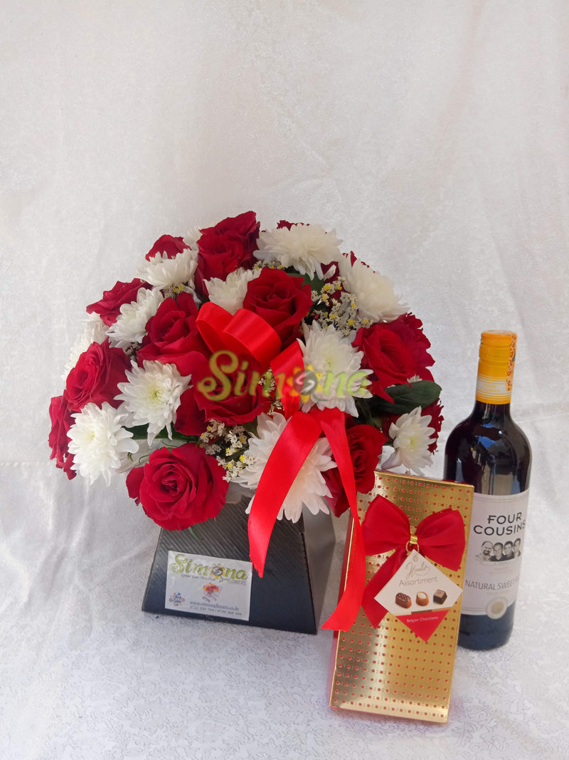 Adorable bouquet with dotted box hamlet chocolate and wine