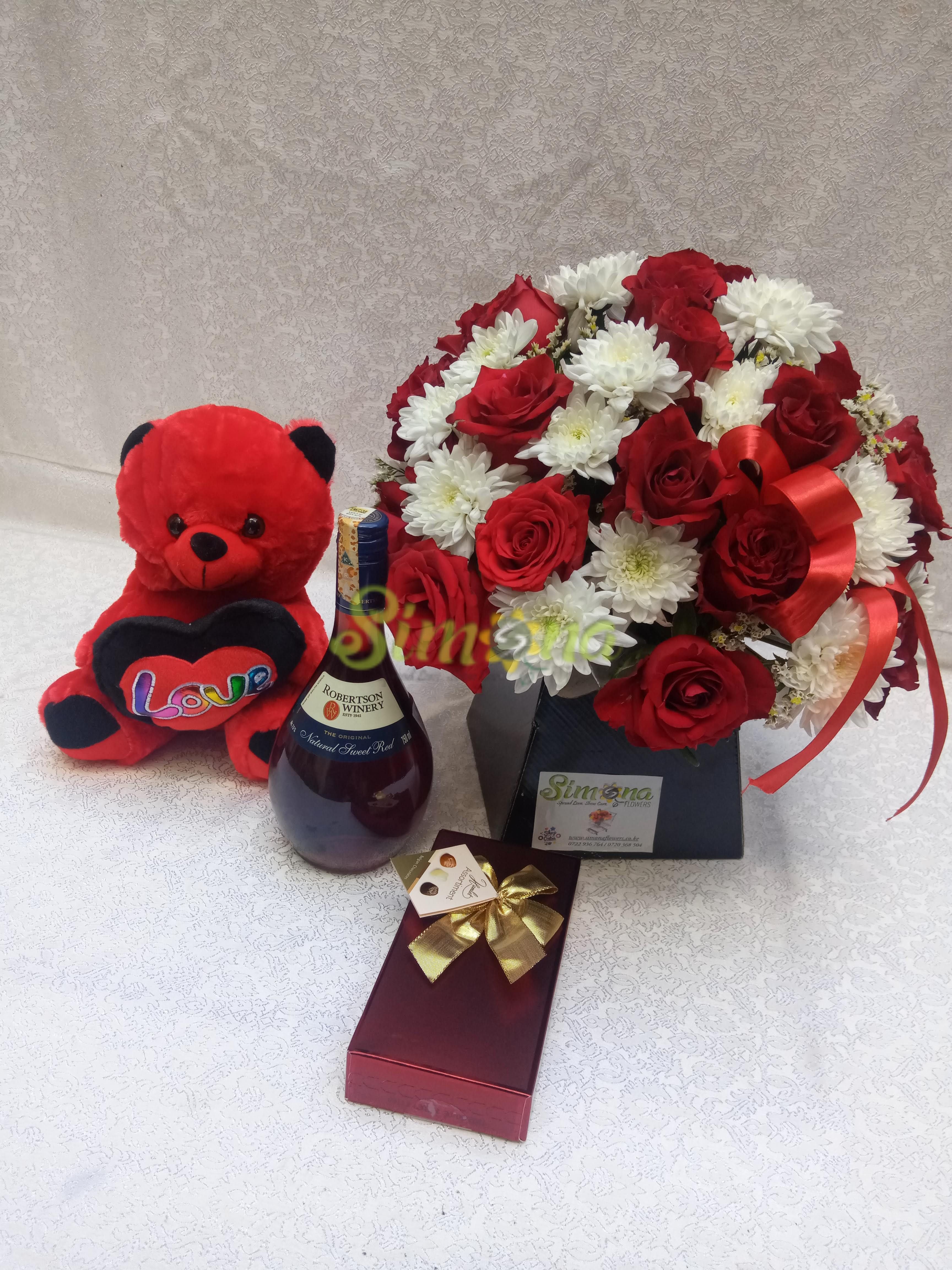 Adorable bouquet with teddy bear, Guylian chocolate and red wine