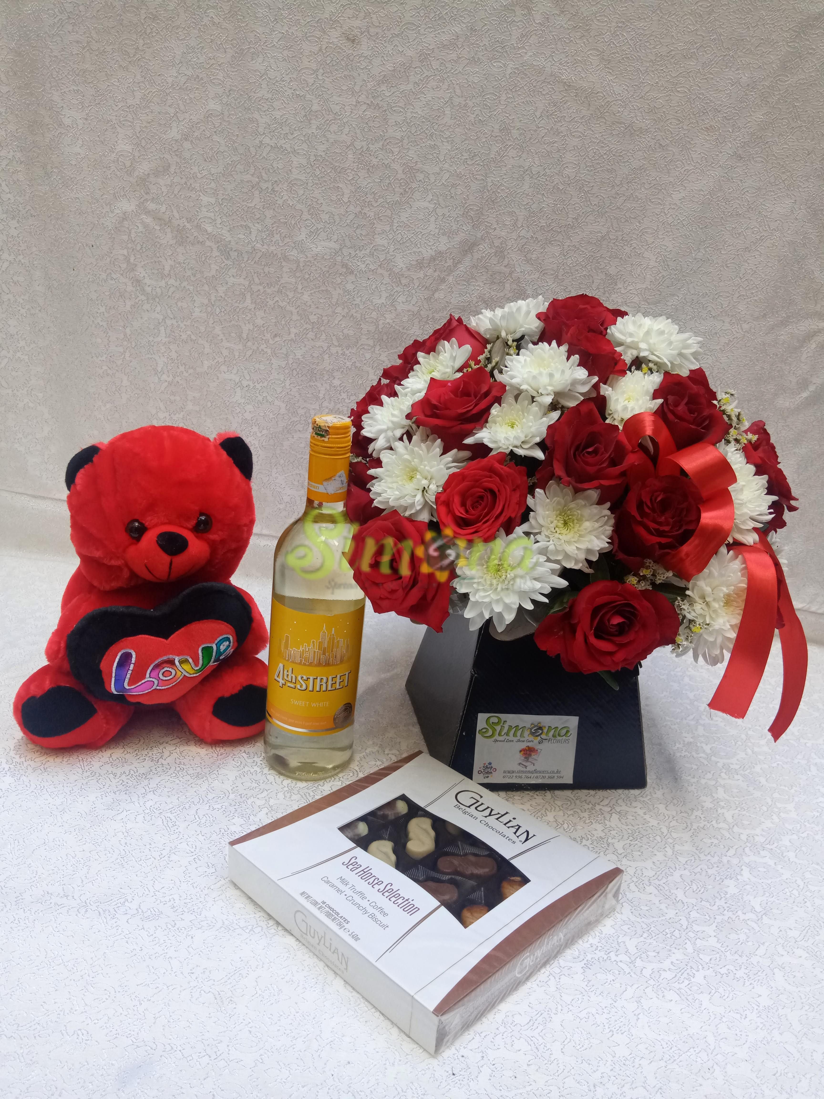 Adorable bouquet with teddy bear, Guylian chocolate and red wine