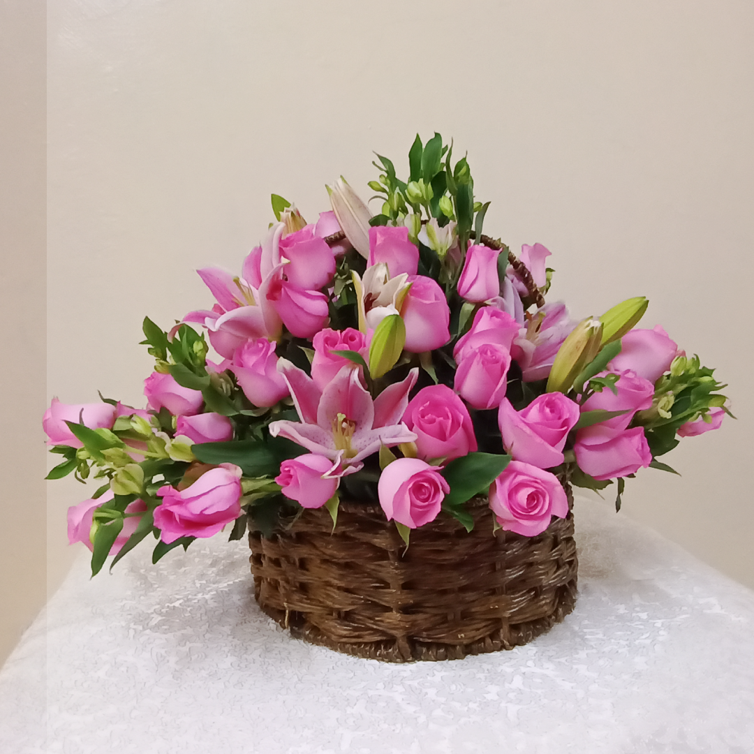 .pink roses to symbolize grace and happiness        .pink lilies to show humility 