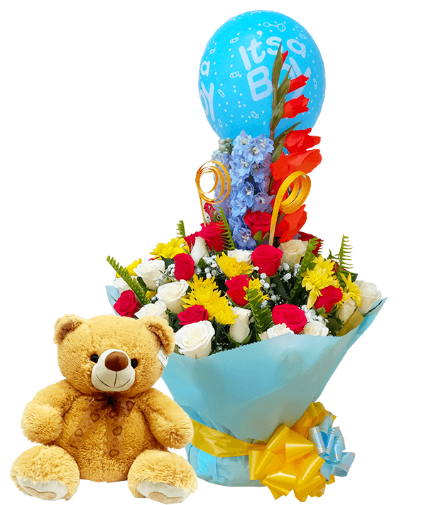 Celebration water bouquet and Teddy bear