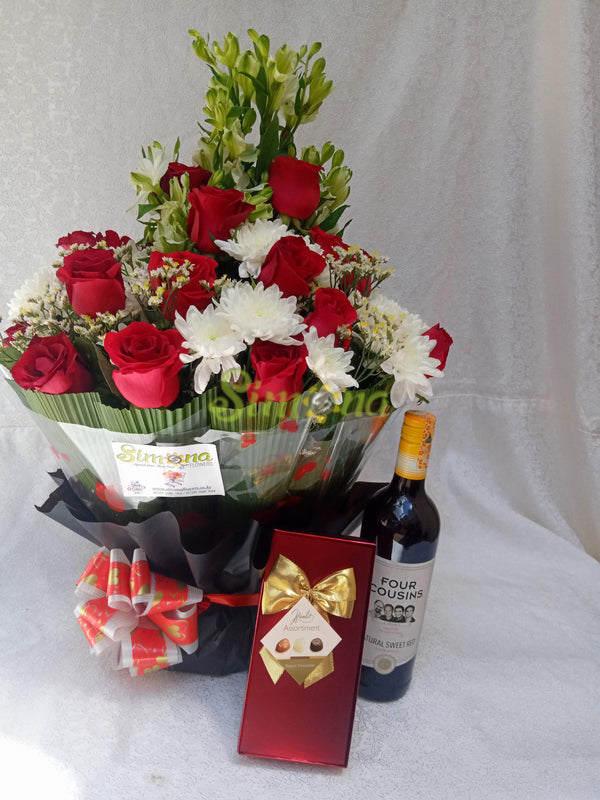 Diamond bouquet with red wine and guylian chocolate