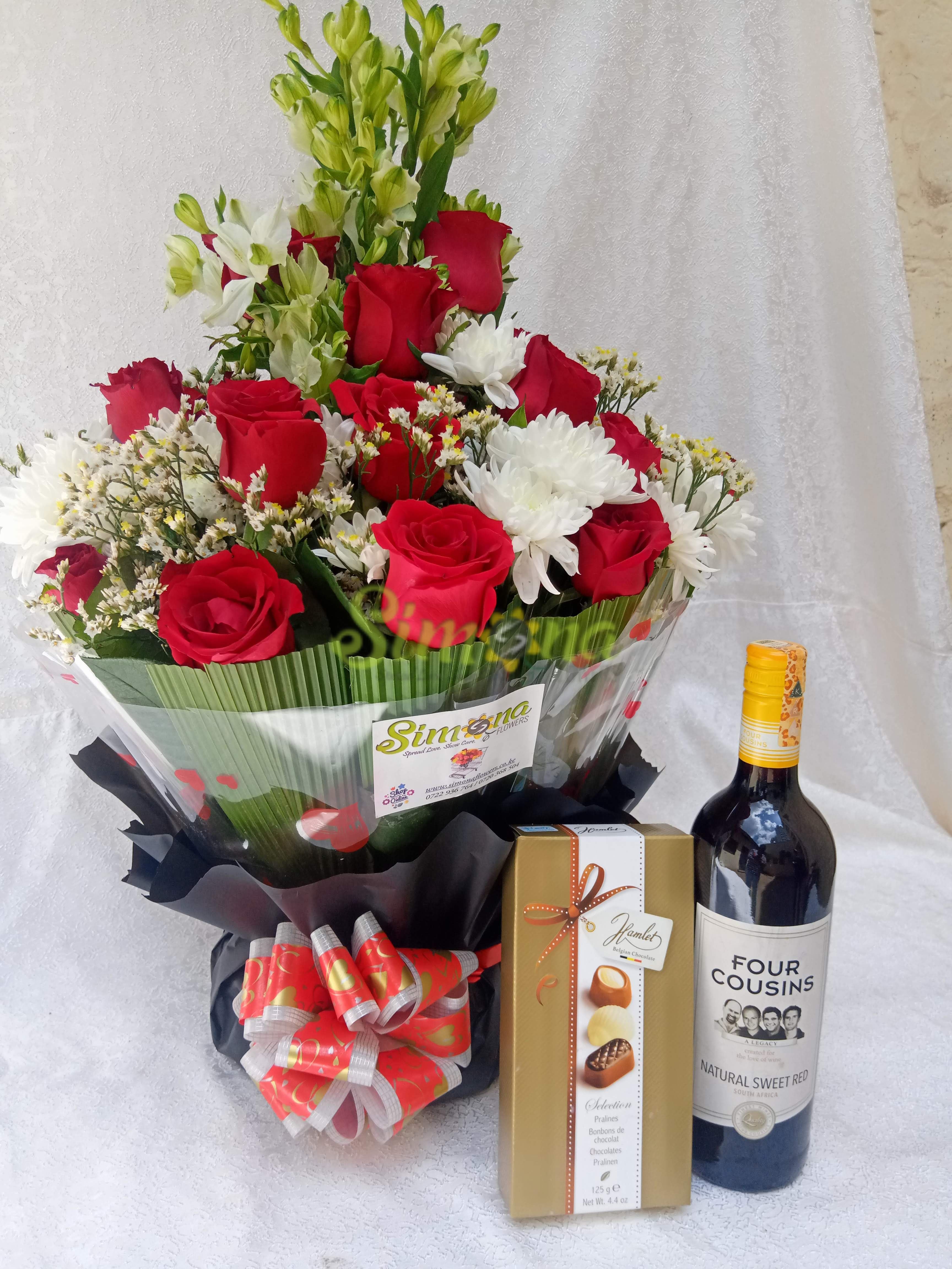 Diamond bouquet with red wine and hamlet chocolate