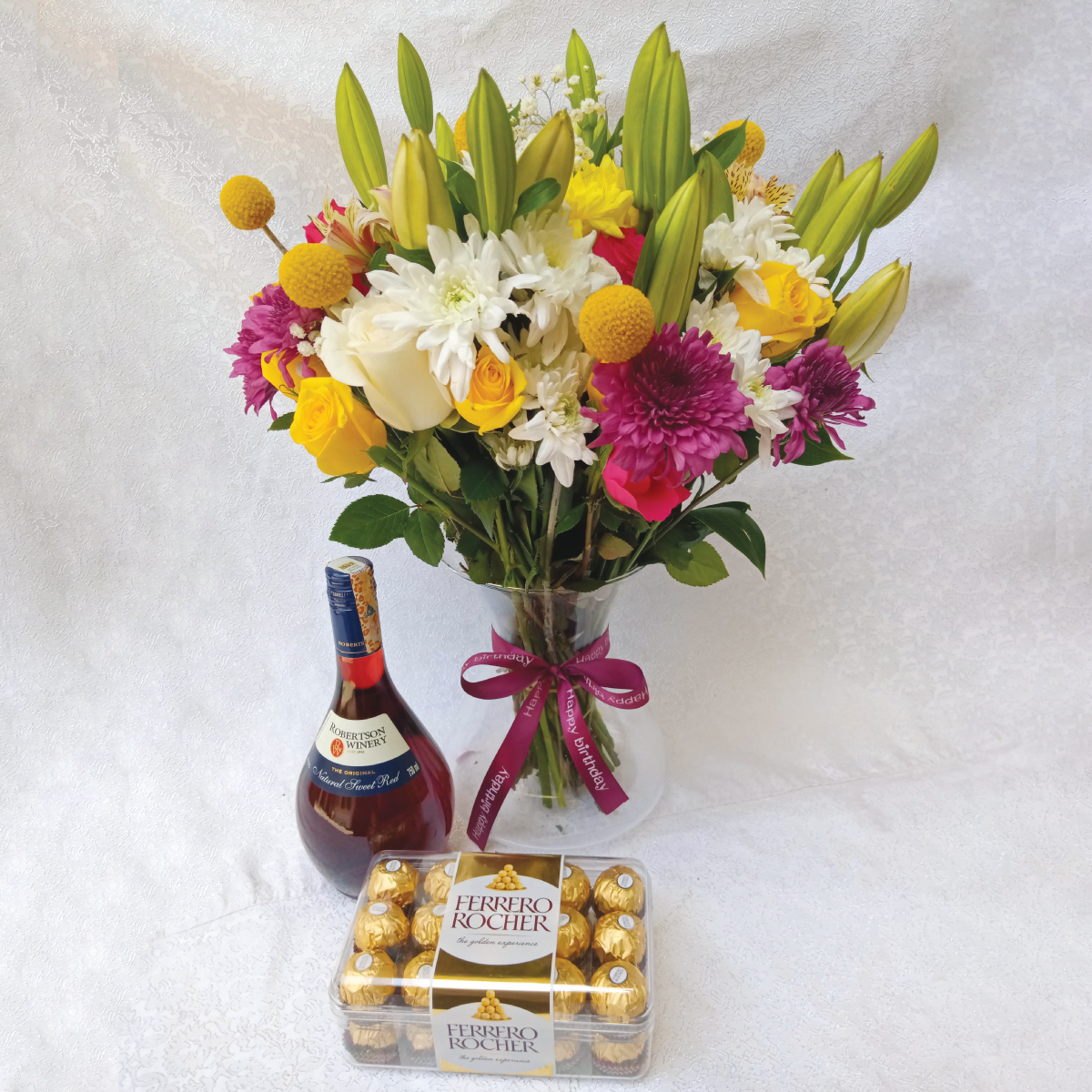 Ladies Day Vase Bouquet, Chocolate and Wine