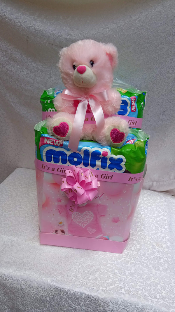 A hamper of a teddy bear and 2 packs of 80pc diapers by Simona Flowers