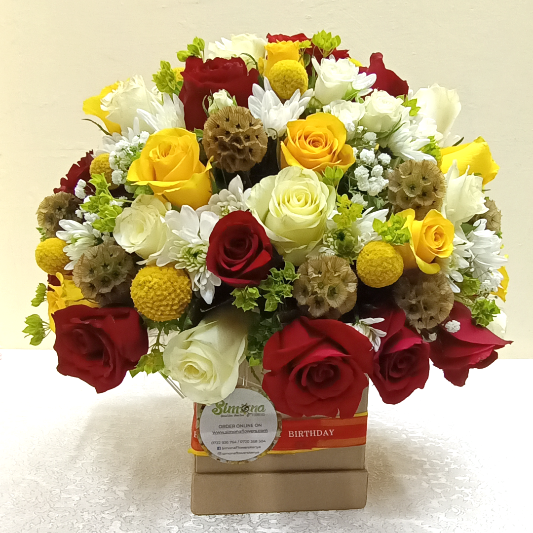 The Ornamental Bouquet by Simona Flowers Kenya, is a colorful selection of flowers assure to brighten up someone's day. It is assorted with  Chrysanthemums, Roses and beautiful flower fillers. The royal bouquet is a classy way to gift someone on their birthday, but can also be sent to tell someone "I love you", "get well soon" or "I'm sorry" as well as other occasions like anniversaries.