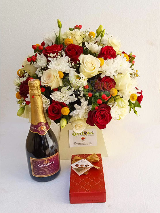 Simply gorgeous package - Royal box flower arrangement, Chamdor wine, Guylian chocolates by Simona Flowers