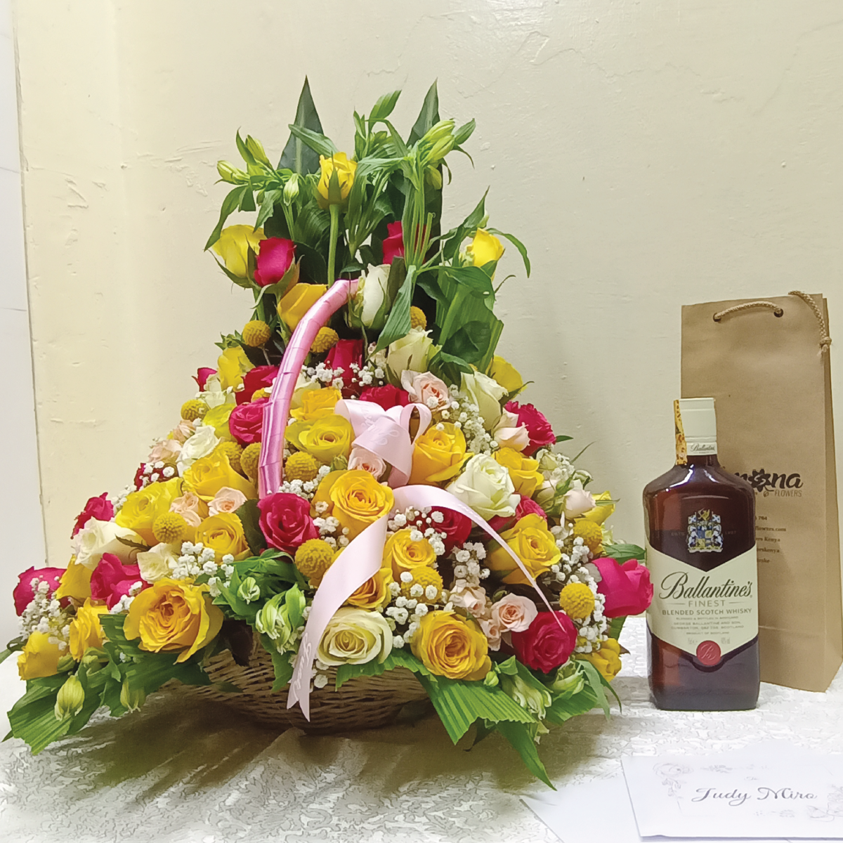 Timeless Romance Flower Basket and Wine Combo