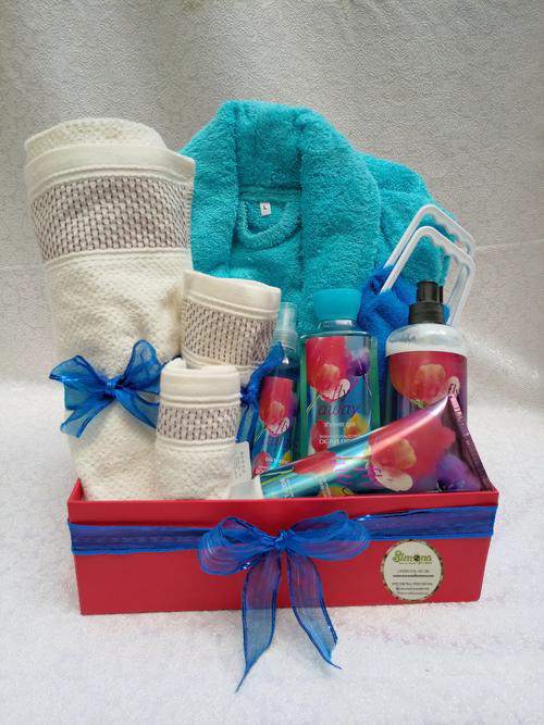 Simona Flowers Gifts - Nothing shows your love and thoughtful care to someone better than a care package. This unisex bath care package is equipped with :  A bathrobe, 3 piece Towel-set, Body scrubber and A perfume set of your choice