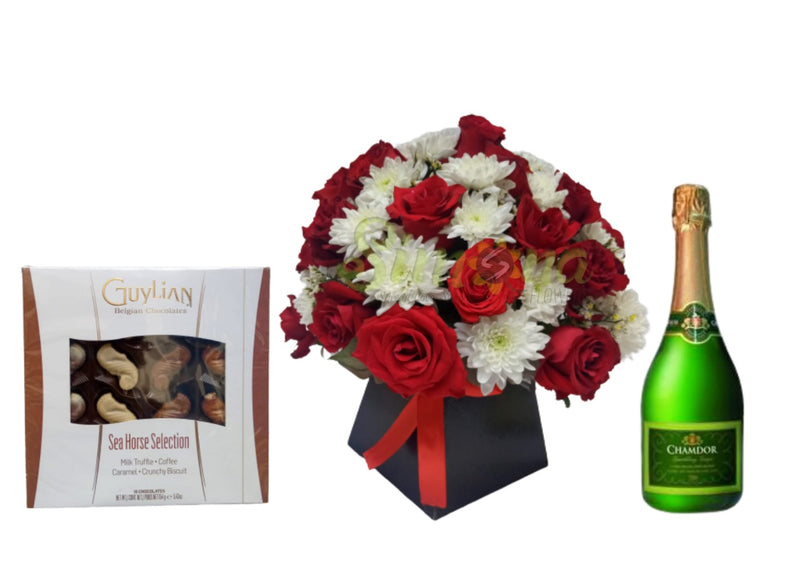 Adorable bouquet, Chamdor Non alcoholic wine and Chocolate