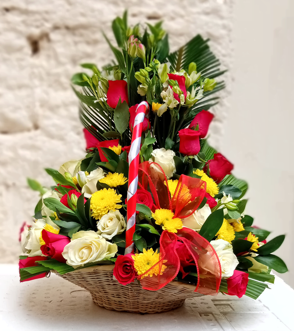 Baby boy crush bouquet arranged in a flower basket by Simona Flowers