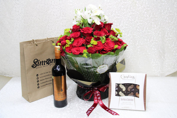 Cupid water bouquet with chocolate and wine