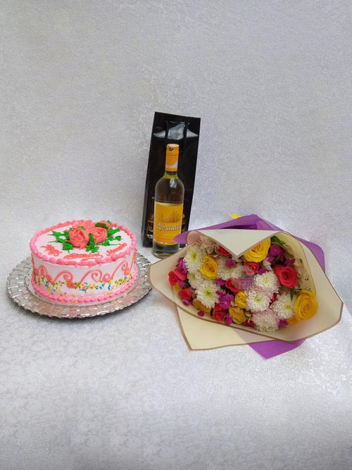 Simona Flowers and Gifts - Assorted magenta hand bouquet of flowers, orange cake and white fourth street wine