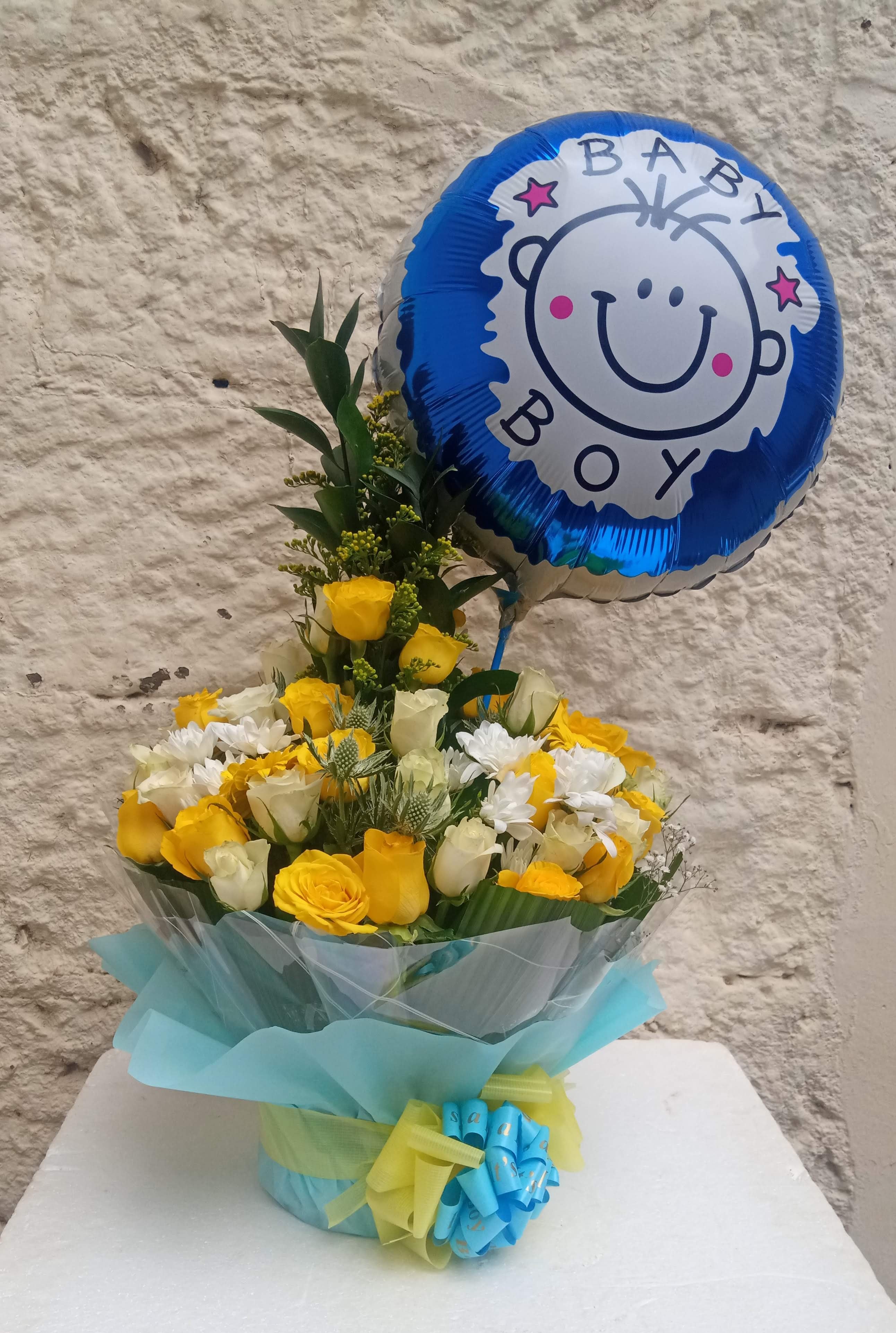 Golden boy flower arrangements and balloon for new born baby boys by Simona Flowers