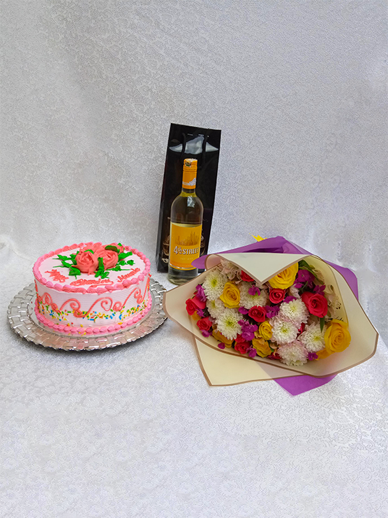 Pink joy package of a hand bouquet of flowers plus a 1 kg cake and a bottle of fourth street wine by Simona Flowers