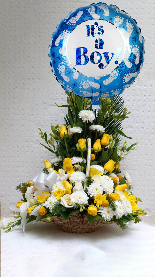 Radiance bouquet flower basket and balloon by Simona Flowers