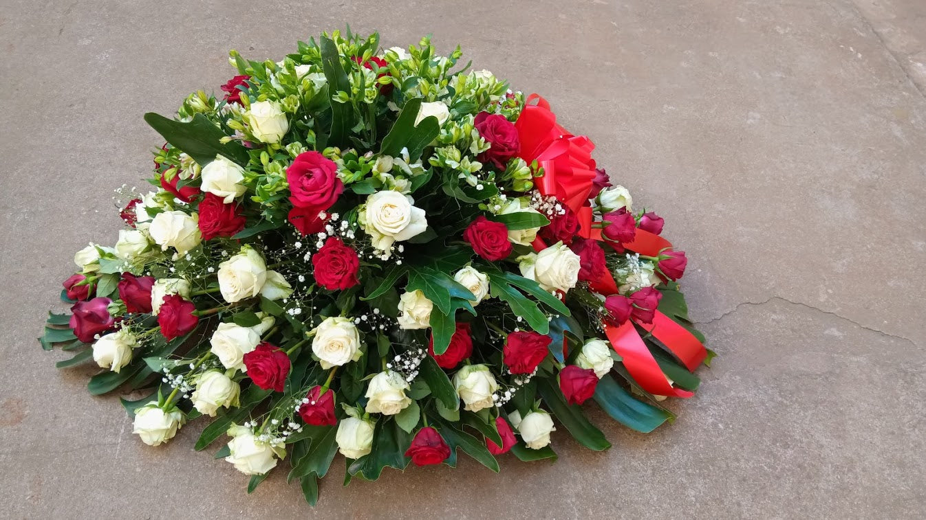 Standard red and white casket